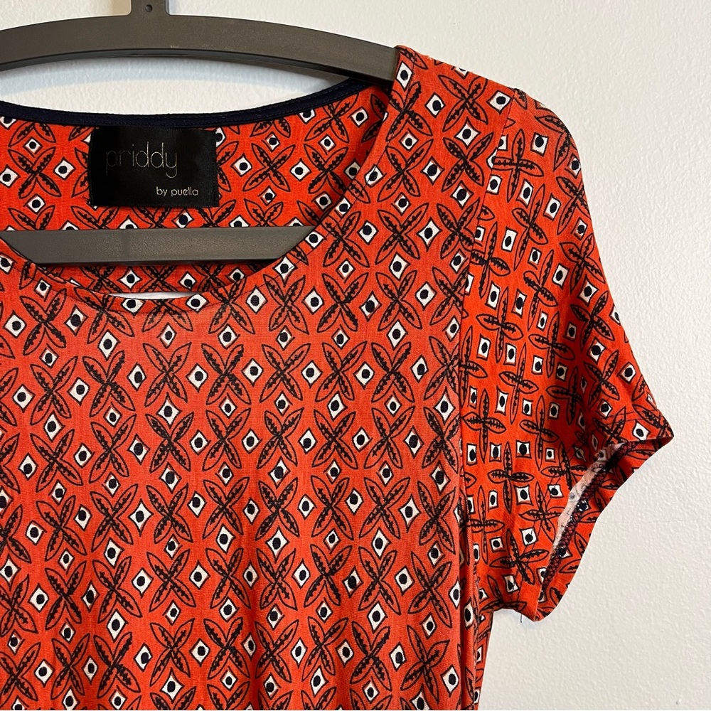 Anthropologie Priddy by Puella Bohemian Casual Shift Dress Red Orange Navy M EUC - Picture 6 of 7